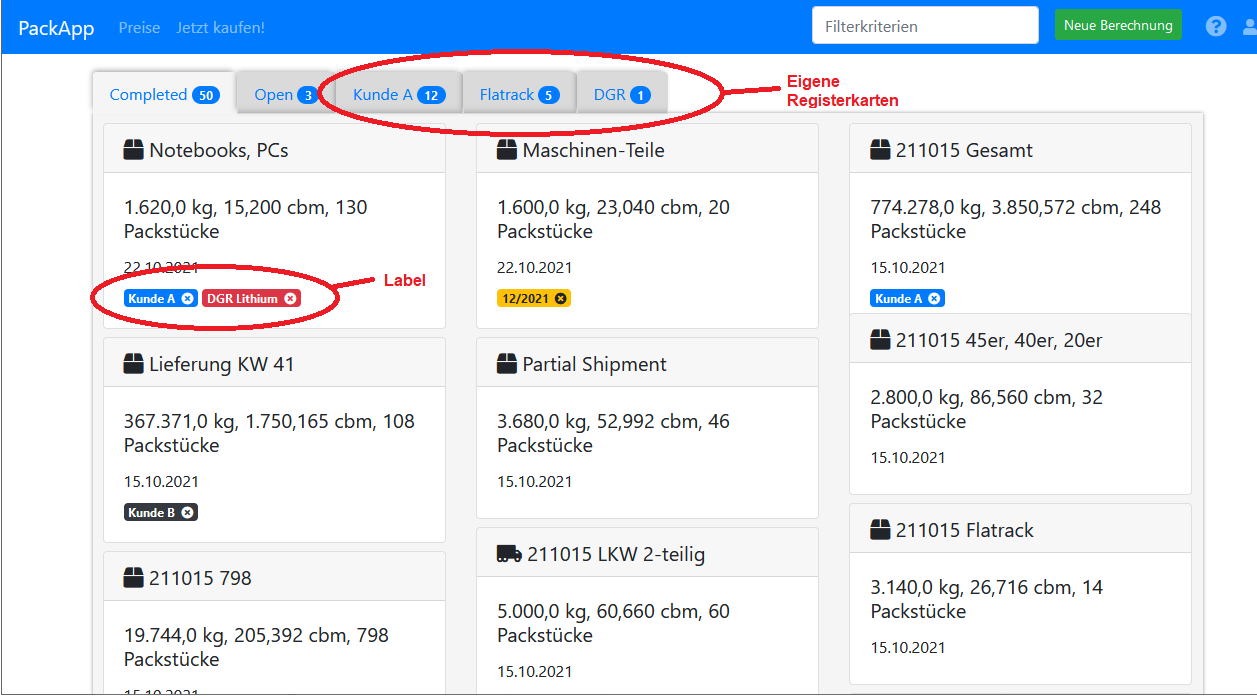 PackApp-Desktop Label und Registerkarten